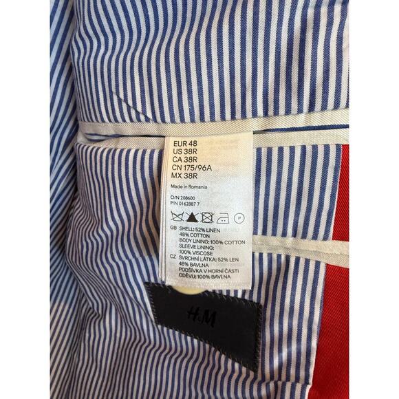 H&M‎ Women's Red Linen Cotton Blazer Blue Striped Lining 38 R (Medium) - Picture 6 of 11
